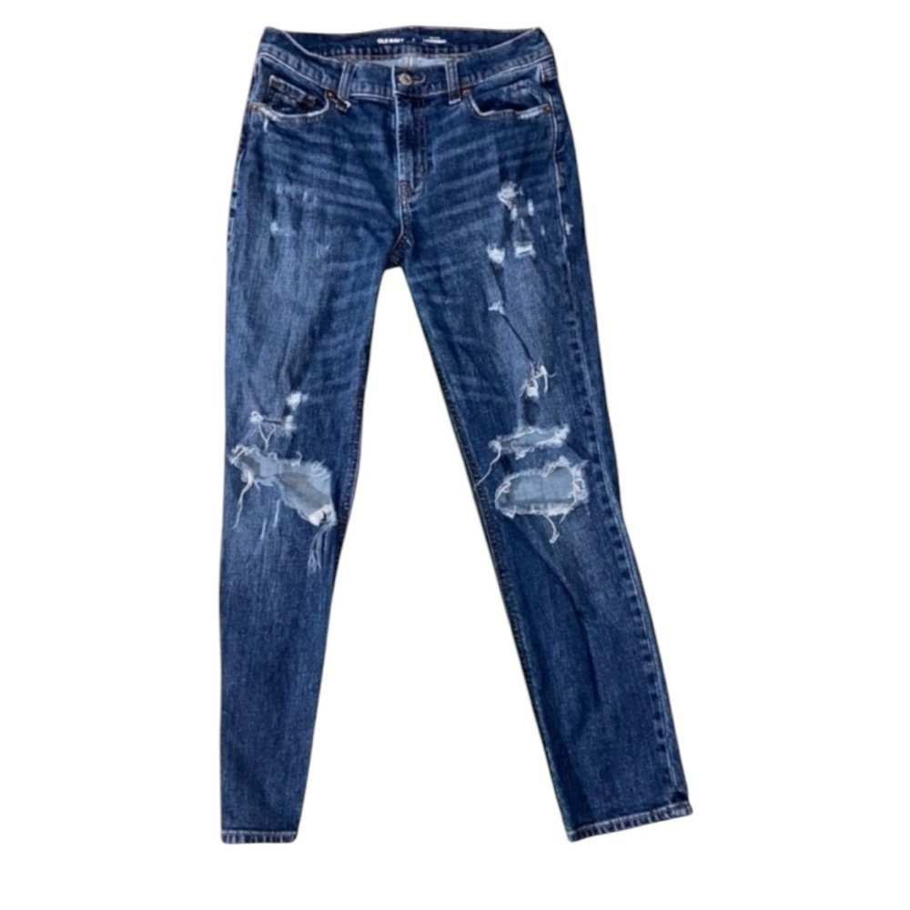 Old Navy Women’s 0 Blue Midrise Destroyed Whiskering Faded Boyfriend Denim